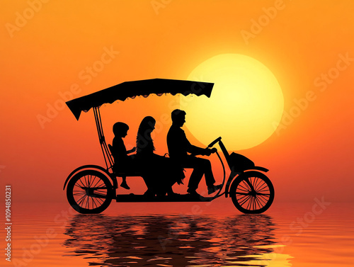 Silhouettes of People Riding a Rickshaw Against a Vibrant Sunset with Warm Orange and Red Hues, Capturing a Scenic and Cultural Journey in a Tranquil Atmosphere photo