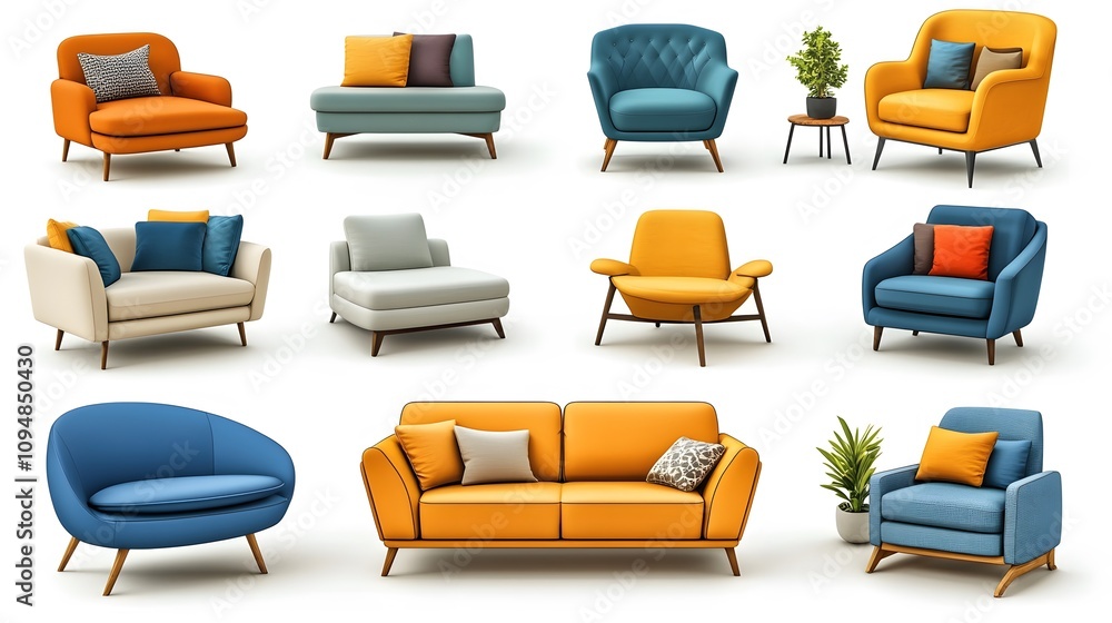 Cheerful 3D isometric cartoon illustration of a contemporary furniture set including a bed, armchair, and sofa in a bright style Cheerful 3D isometric cartoon illustration of a contemporary furniture set including a bed, armchair, and sofa in a bright style