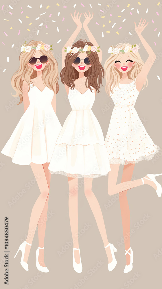 Joyful girls in white dresses celebrating with confetti and laughter Joyful girls in white dresses celebrating with confetti and laughter