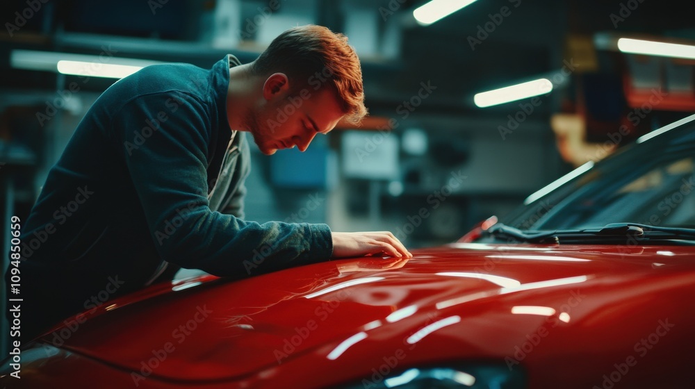 Young Man Inspecting Red Car Hood in Garage Young Man Inspecting Red Car Hood in Garage