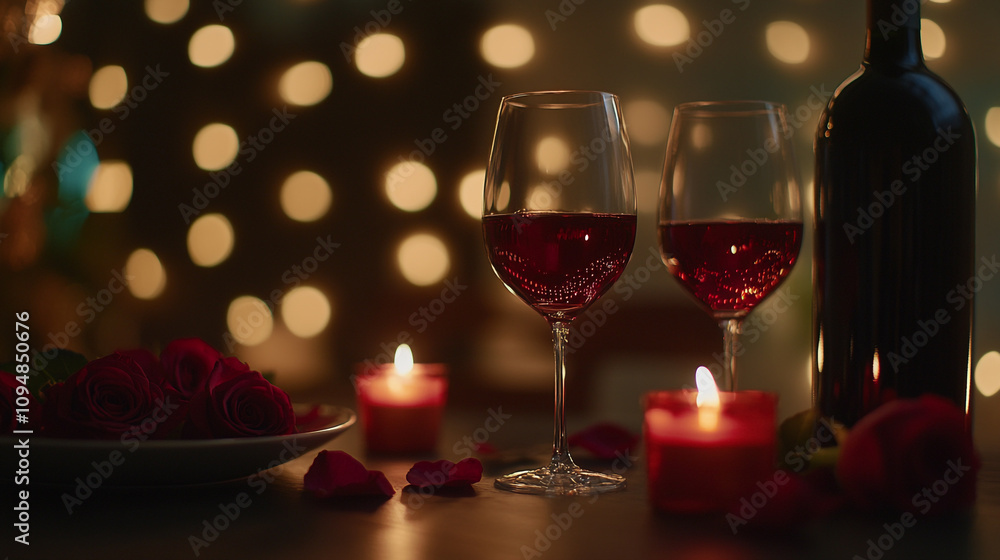 Romantic candlelit dinner with wine and roses for Valentine's Day celebration Romantic candlelit dinner with wine and roses for Valentine's Day celebration
