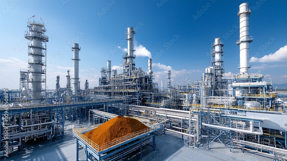 Detailed Close up View of the Oil Extraction and Raw Material Entering Process at an Industrial Refinery Facility with Pipes Valves Gauges and Machinery in an Intense Industrial Setting Detailed Close up View of the Oil Extraction and Raw Material Entering Process at an Industrial Refinery Facility with Pipes Valves Gauges and Machinery in an Intense Industrial Setting