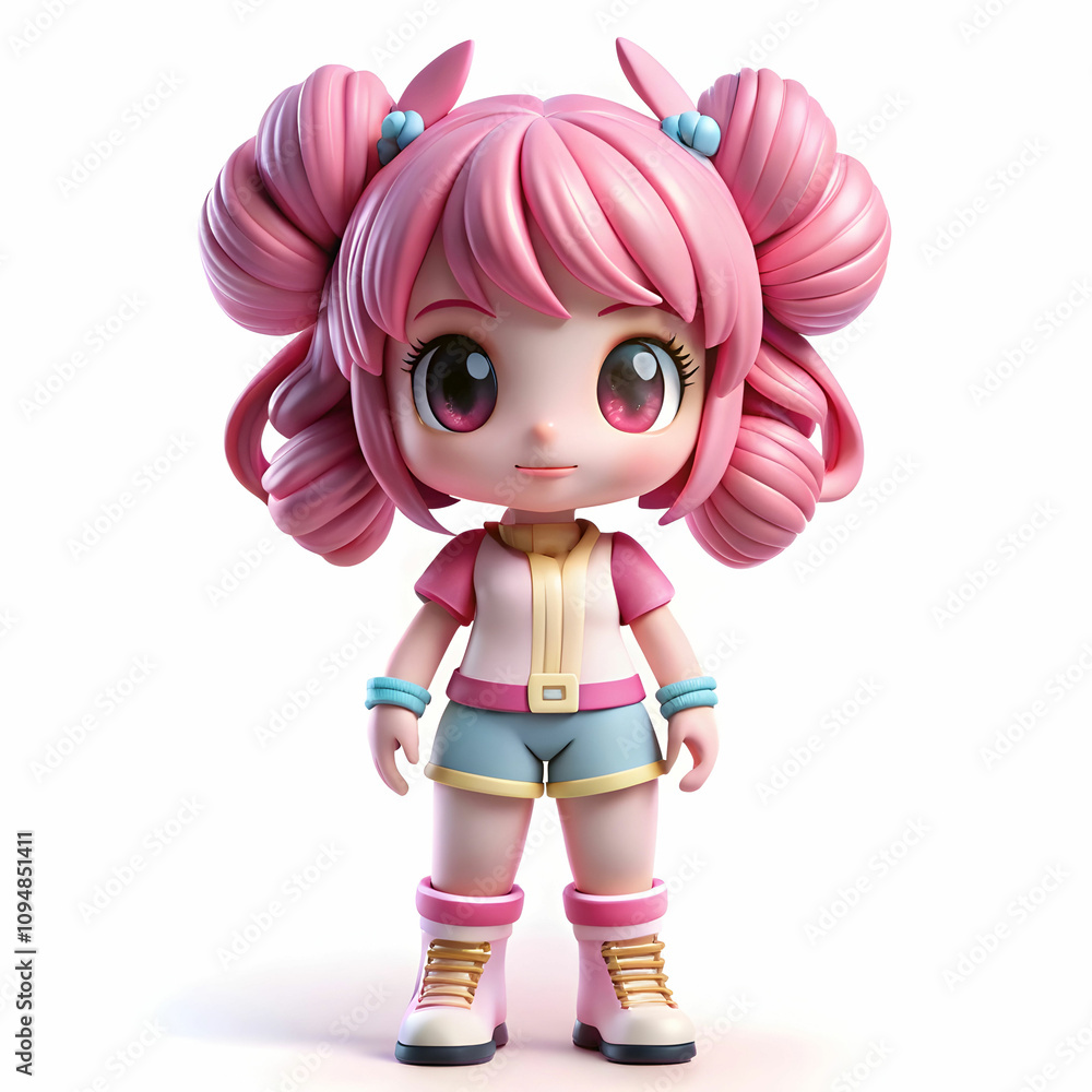 A 3D full-body figurine of a girl with pink hair, small horns, earrings, and shorts, styled as a trendy Popmart blind box toy. A 3D full-body figurine of a girl with pink hair, small horns, earrings, and shorts, styled as a trendy Popmart blind box toy.