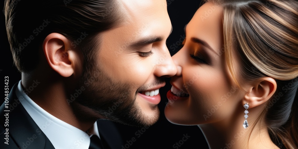 Romantic couple sharing an intimate moment in elegant attire Romantic couple sharing an intimate moment in elegant attire