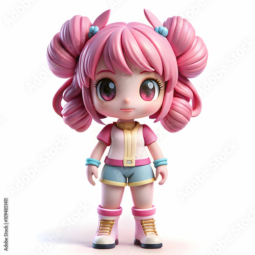 A 3D full-body figurine of a girl with pink hair, small horns, earrings, and shorts, styled as a trendy Popmart blind box toy. photo