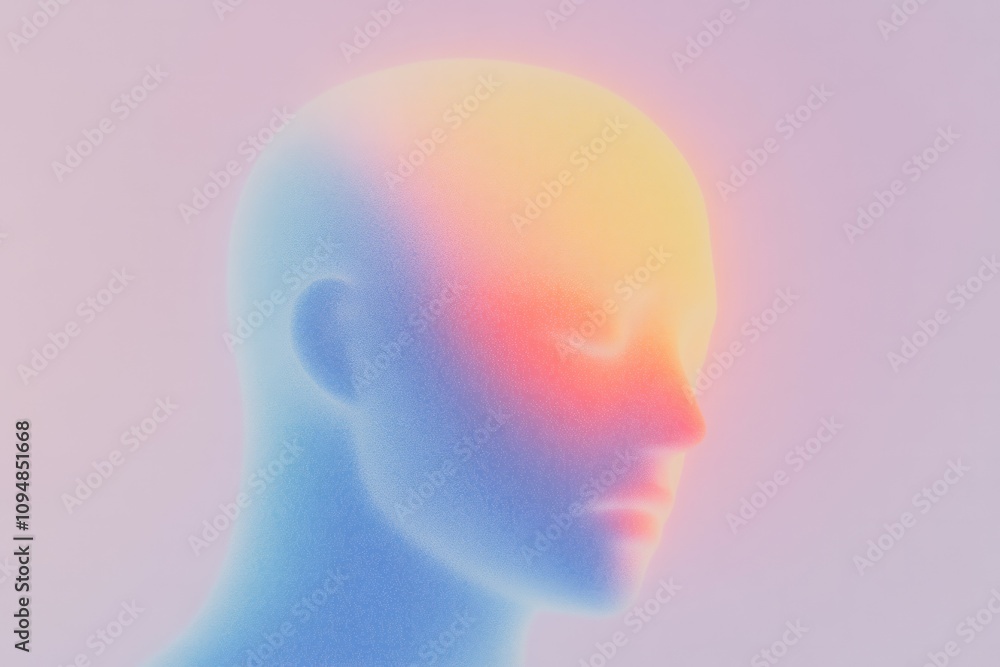 Glowing cyberpunk robot silhouette meditating, featuring a human head made of particles or dots, with a red nose and red glowing particles to the forehead Glowing cyberpunk robot silhouette meditating, featuring a human head made of particles or dots, with a red nose and red glowing particles to the forehead