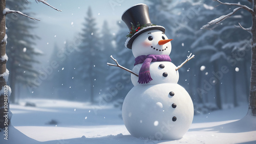 Christmas seasonl dressed snowman in the winter with snow fall in a snow forest photo