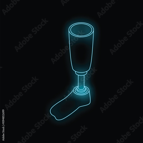 Blue neon prosthetic leg glowing on black background representing modern medical solutions for amputees