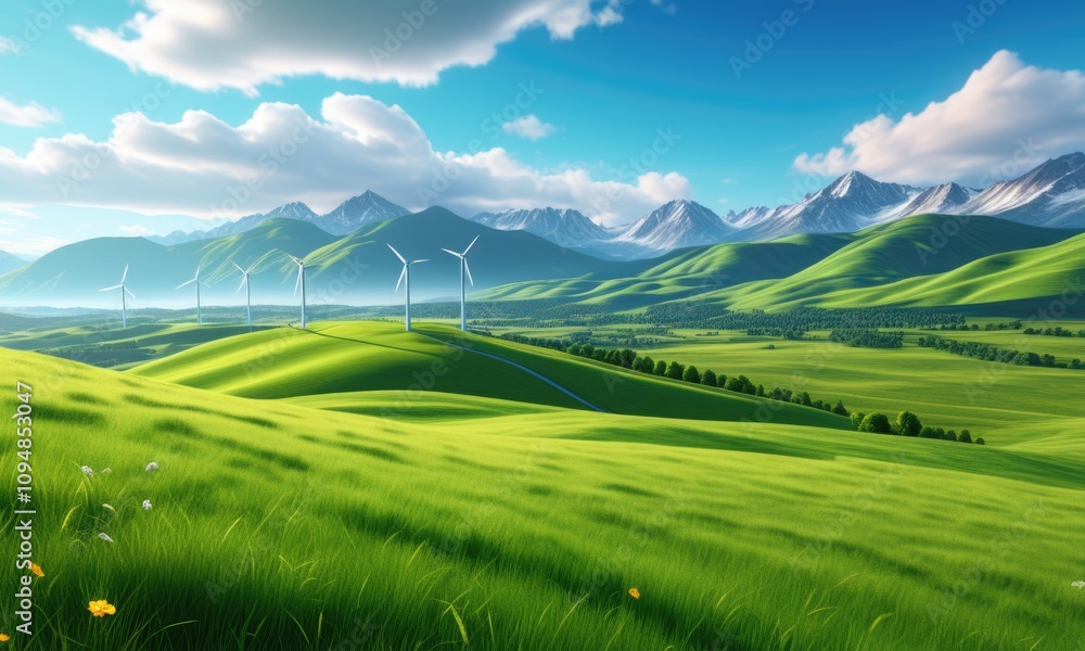 Fototapeta premium Scenic wind farm in lush green valley with majestic mountains and blue sky