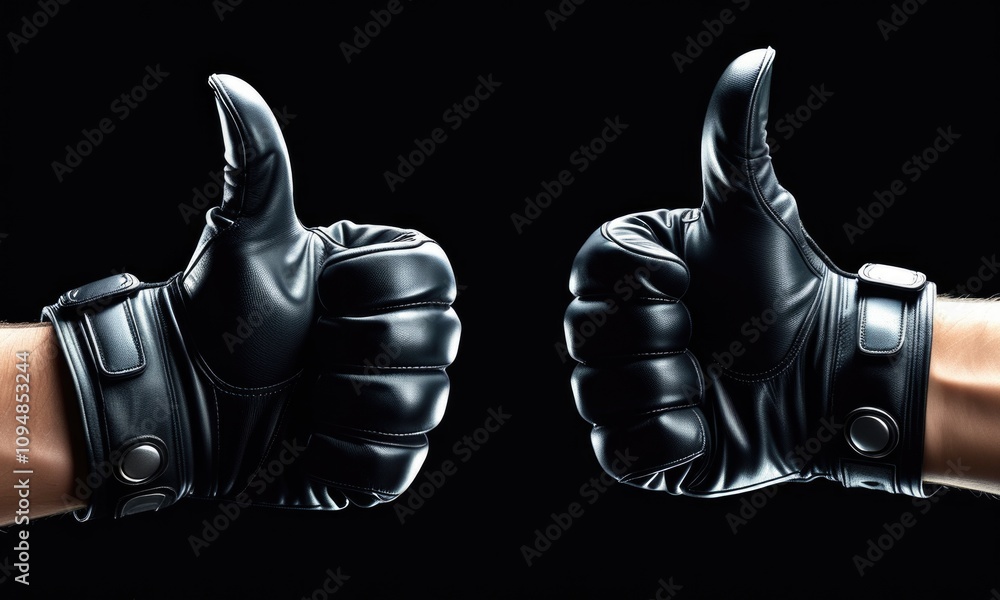 Two black gloved hands giving thumbs up on black background Two black gloved hands giving thumbs up on black background