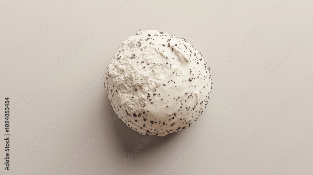 This object features a round shape with a cork-like texture, displaying a mixture of gray and black speckles. It rests on a neutral background, emphasizing its unique surface detail and color. This object features a round shape with a cork-like texture, displaying a mixture of gray and black speckles. It rests on a neutral background, emphasizing its unique surface detail and color.