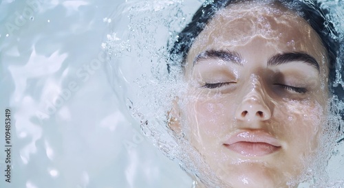 A beautiful woman is washing her face with water, against a white background.