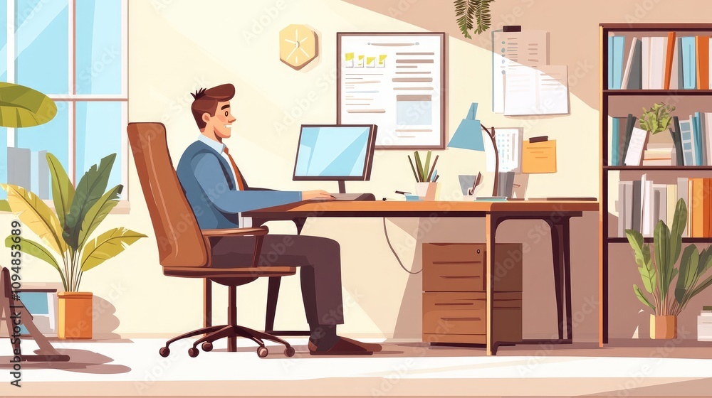 A young businessman engaged in a video call, with a well-organized workspace and motivational quotes on the wall, highlighting remote work culture. A young businessman engaged in a video call, with a well-organized workspace and motivational quotes on the wall, highlighting remote work culture.