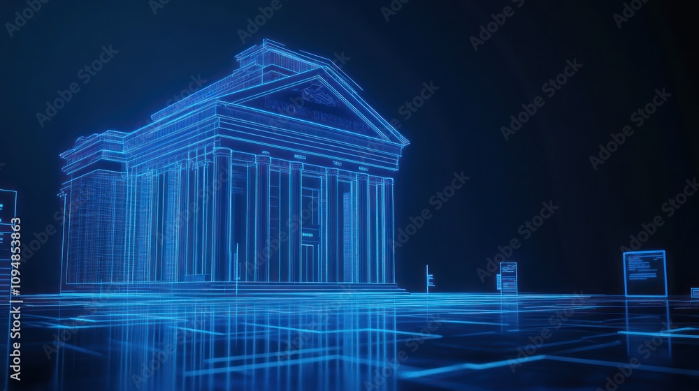Obraz premium Digital Bank: Futuristic Wireframe of a Neoclassical Building