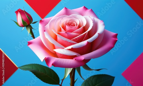 Vibrant pink rose on geometric blue and red background with bud