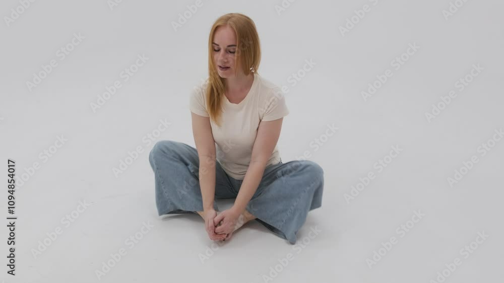 Young woman stretching her legs against a white background in slow motion, showcasing flexibility and a relaxed demeanor Young woman stretching her legs against a white background in slow motion, showcasing flexibility and a relaxed demeanor