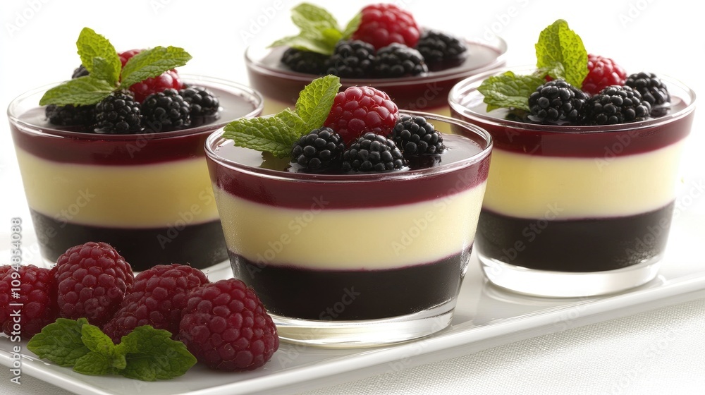 An appealing image of panna cotta topped with fresh berries and mint, elegantly displayed in a glass, highlighting the smooth texture against a white backdrop. An appealing image of panna cotta topped with fresh berries and mint, elegantly displayed in a glass, highlighting the smooth texture against a white backdrop.