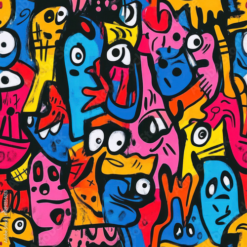 Vibrant Street Art Mural with Bold Colors and Social Commentary Featuring a Seamless Pattern of Playful Faces and Abstract Designs for Urban Aesthetics