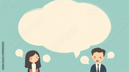 Business man and woman flat vector illustration with speach bubble, business background concept