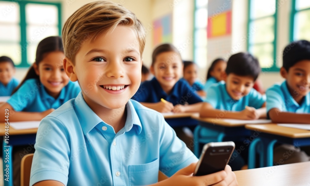 Smiling student using smartphone in classroom with diverse group of classmates Smiling student using smartphone in classroom with diverse group of classmates