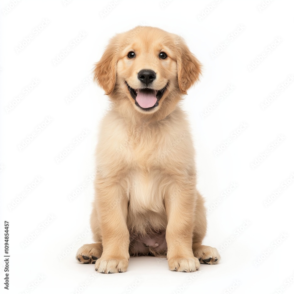 A cheerful golden retriever puppy sitting with a big smile, showcasing its fluffy fur and playful demeanor against a plain background. A cheerful golden retriever puppy sitting with a big smile, showcasing its fluffy fur and playful demeanor against a plain background.