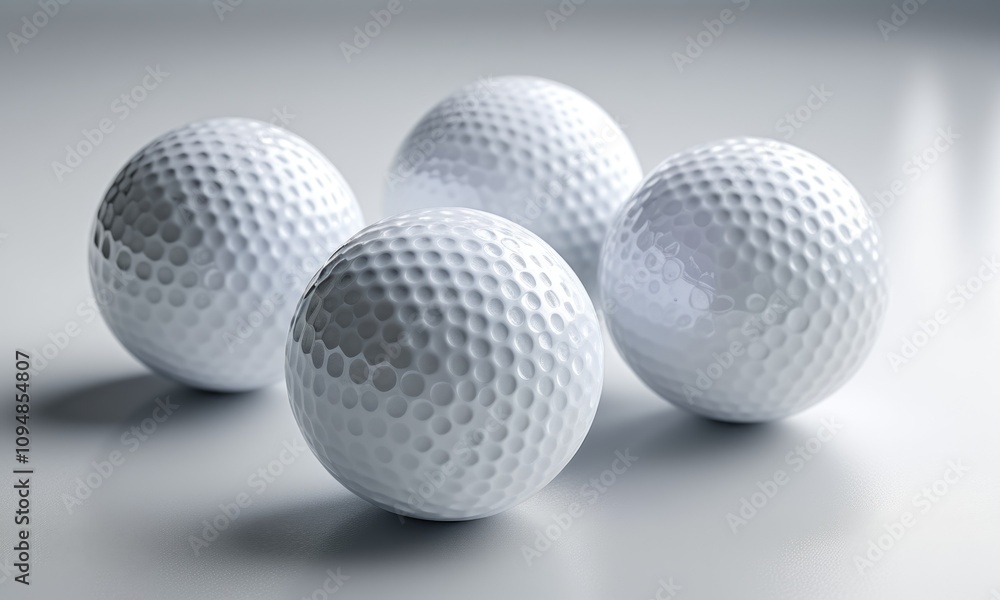 Closeup of four shiny golf balls on a smooth surface Closeup of four shiny golf balls on a smooth surface