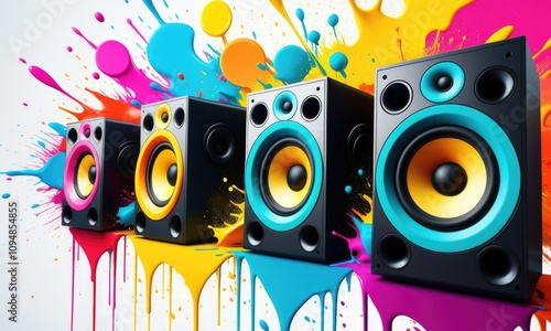 Vibrant speakers on colorful splattered background for creative audio themes photo