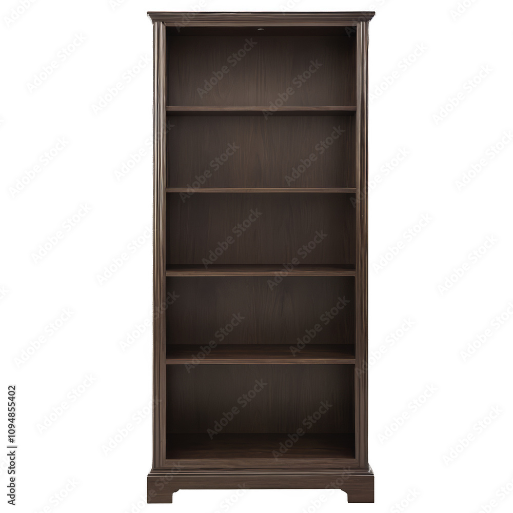A tall brown bookcase with five shelves. Isolated on transparent background A tall brown bookcase with five shelves. Isolated on transparent background