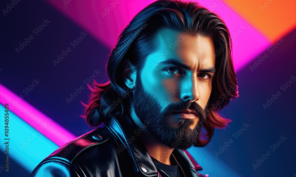 Stylish man with beard in vibrant neon lights Stylish man with beard in vibrant neon lights
