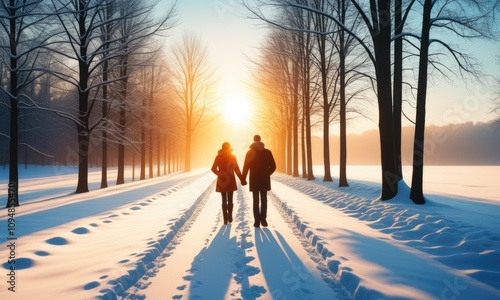 Wallpaper Mural Couple walking hand in hand on snowy path at sunrise in winter wonderland Torontodigital.ca