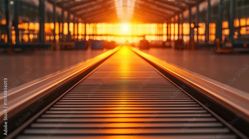 Captivating Sunset Glow Over Industrial Conveyor Belt in Modern Warehouse Setting with Warm Light and Empty Space Creating Inviting Atmosphere and Visual Contrast Captivating Sunset Glow Over Industrial Conveyor Belt in Modern Warehouse Setting with Warm Light and Empty Space Creating Inviting Atmosphere and Visual Contrast