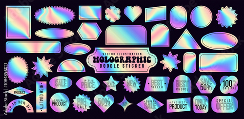 Set of colorful neon doodle sticker, blank shiny y2k label, rainbow emblem, sale badge, gradient hologram comic icon and iridescent product tag with holographic effect. Holographic pvc sticker pattern