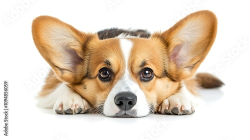 A puppy with floppy ears resting its head on its paws on a white background