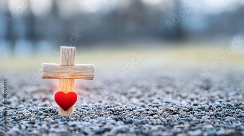 Glowing Wooden Christian Cross with a Softly Illuminated Red Heart Resting on a Gravel Ground Surrounded by an Ethereal and Fantasy Inspired Tone photo