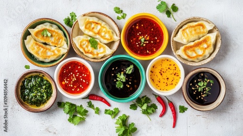 Wallpaper Mural An artistic flat lay of gyoza with a variety of dipping sauces in colorful bowls, garnished with fresh herbs and chili slices for a vibrant presentation. Torontodigital.ca