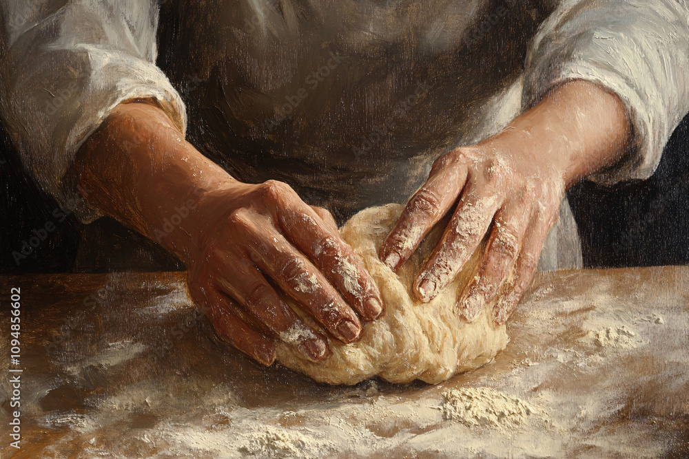 Close-Up of Hands Kneading Dough on a Floured Wooden Surface, Highlighting the Traditional Art of Bread-Making with Warm Rustic Tones Close-Up of Hands Kneading Dough on a Floured Wooden Surface, Highlighting the Traditional Art of Bread-Making with Warm Rustic Tones