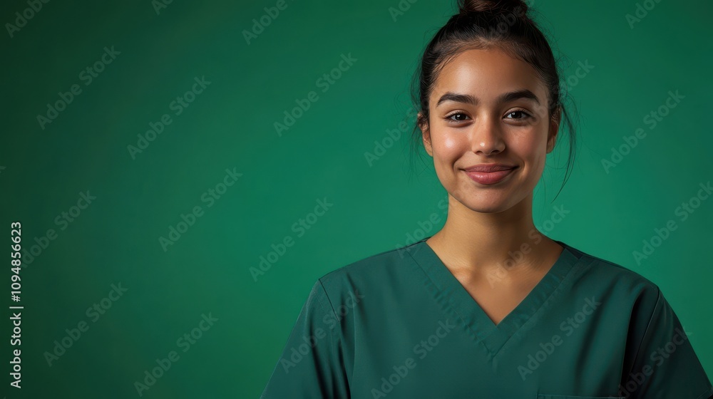 Obraz premium A healthcare worker stands smiling in front of a solid green backdrop, wearing dark scrubs and radiating warmth and professionalism in a clinic environment.