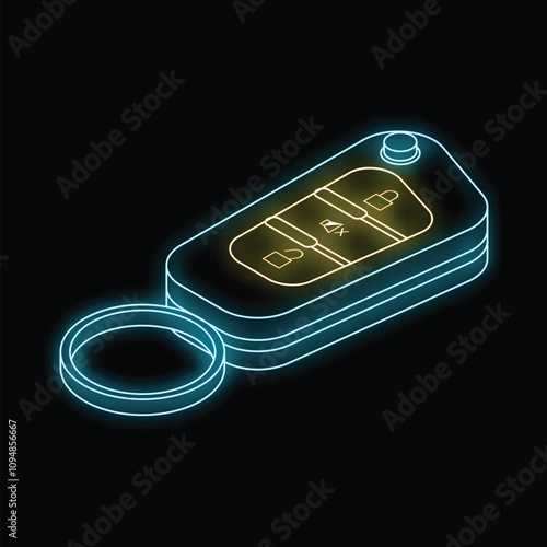 Neon car key glowing on a dark background, a modern take on car security