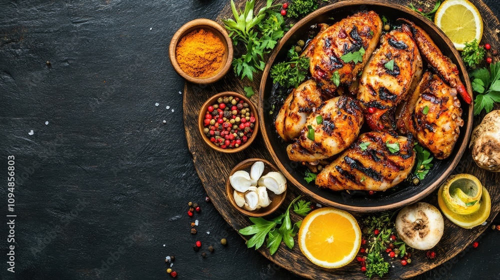An artistic overhead shot of grilled squid on a rustic plate, surrounded by colorful spices and herbs, emphasizing the dish's culinary appeal. An artistic overhead shot of grilled squid on a rustic plate, surrounded by colorful spices and herbs, emphasizing the dish's culinary appeal.