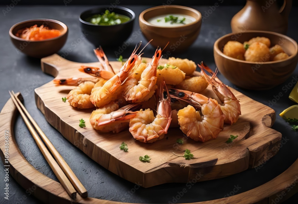 A plate of fried prawns on a wooden surface with a traditional kitchen in the background A plate of fried prawns on a wooden surface with a traditional kitchen in the background