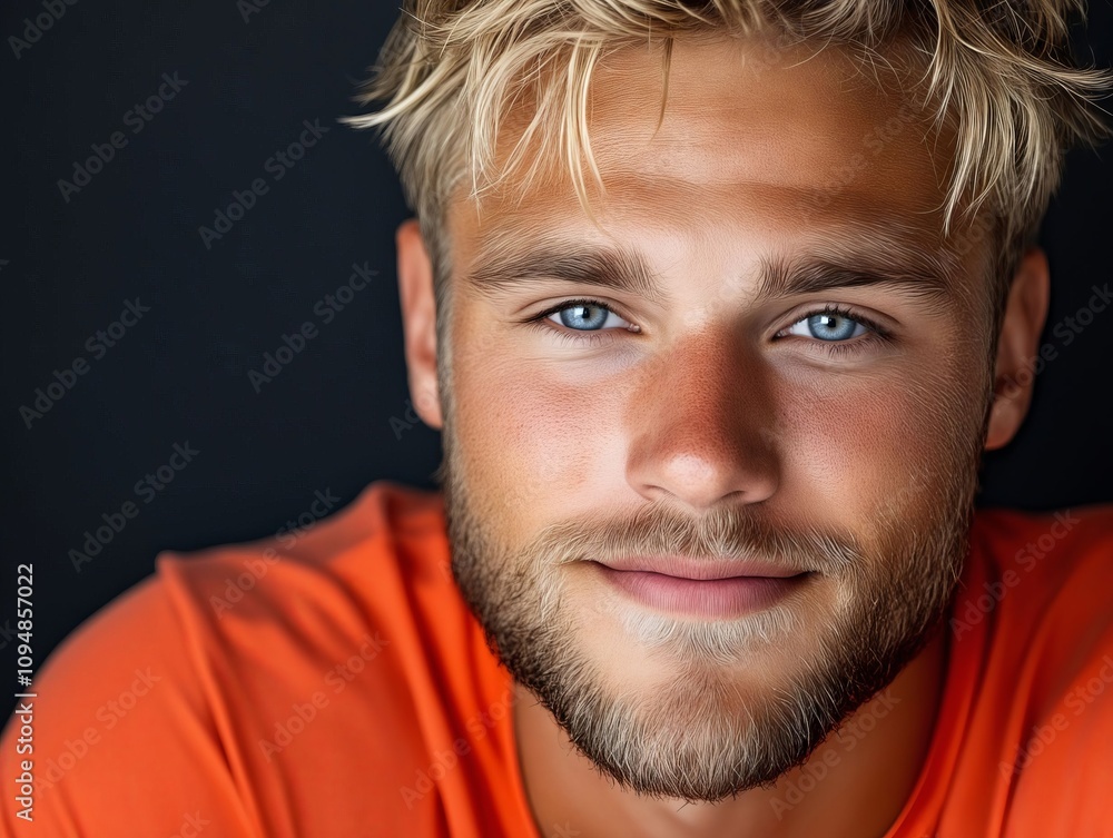 A man with blonde hair and blue eyes wearing an orange shirt