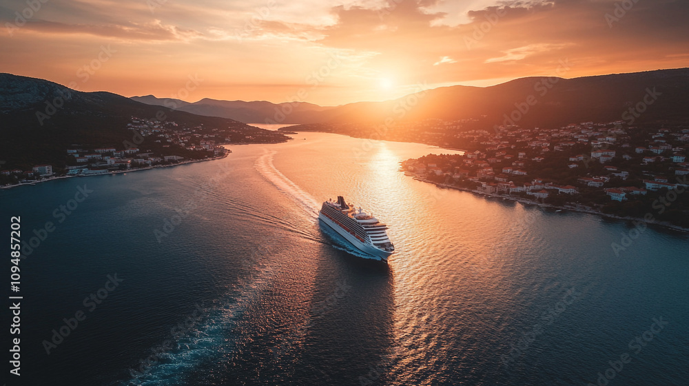 Cruise ship sailing into sunset over calm waters near coastal hills Cruise ship sailing into sunset over calm waters near coastal hills