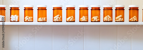 An empty medicine cabinet with shelves sparsely filled, featuring a few scattered pills, symbolizing minimalism and the absence of essential supplies, suggesting a need for replenishment or organizati photo