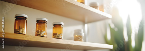 An empty medicine cabinet with shelves sparsely filled, featuring a few scattered pills, symbolizing minimalism and the absence of essential supplies, suggesting a need for replenishment or organizati photo