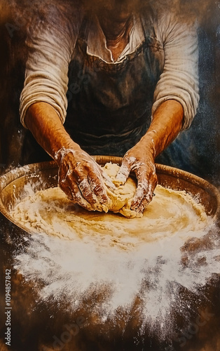 Close-Up of Hands Kneading Dough on a Floured Wooden Surface, Highlighting the Traditional Art of Bread-Making with Warm Rustic Tones photo