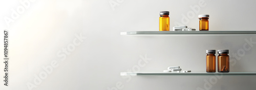 An empty medicine cabinet with shelves sparsely filled, featuring a few scattered pills, symbolizing minimalism and the absence of essential supplies, suggesting a need for replenishment or organizati photo