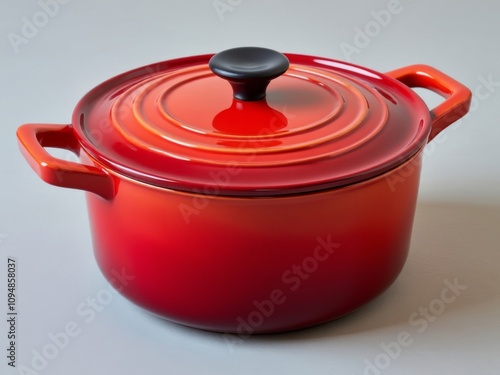 Bright red ceramic Dutch oven with black knob lid, displayed on a clean neutral background, featuring smooth handles and glossy finish, ideal for kitchen and cooking visuals photo