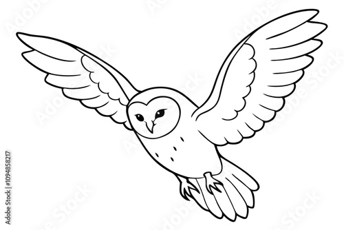 barn owl mid flight silent wings spread line art vector silhouette on white background