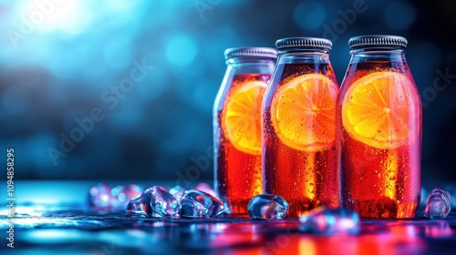 Chilled Citrus Infusion, vibrant bottles, glowing neon backdrop, refreshing and energizing visual essence photo