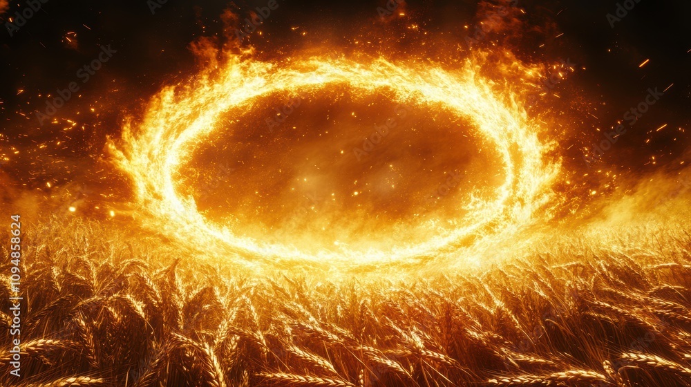 Obraz premium Fiery Portal Wheat Field, intense ring of flames hovers dramatically, illuminating golden crops, surreal landscape atmosphere
